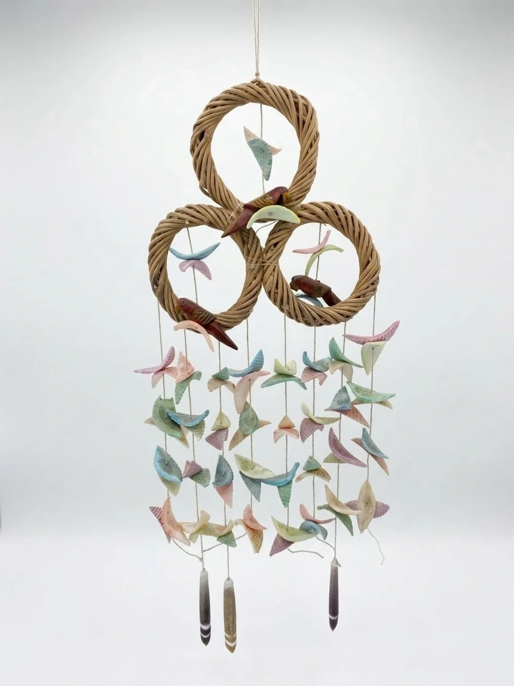 Vintage Coastal Wicker Pastel Shell Tropical Bird Wind Chime Rattan Boho